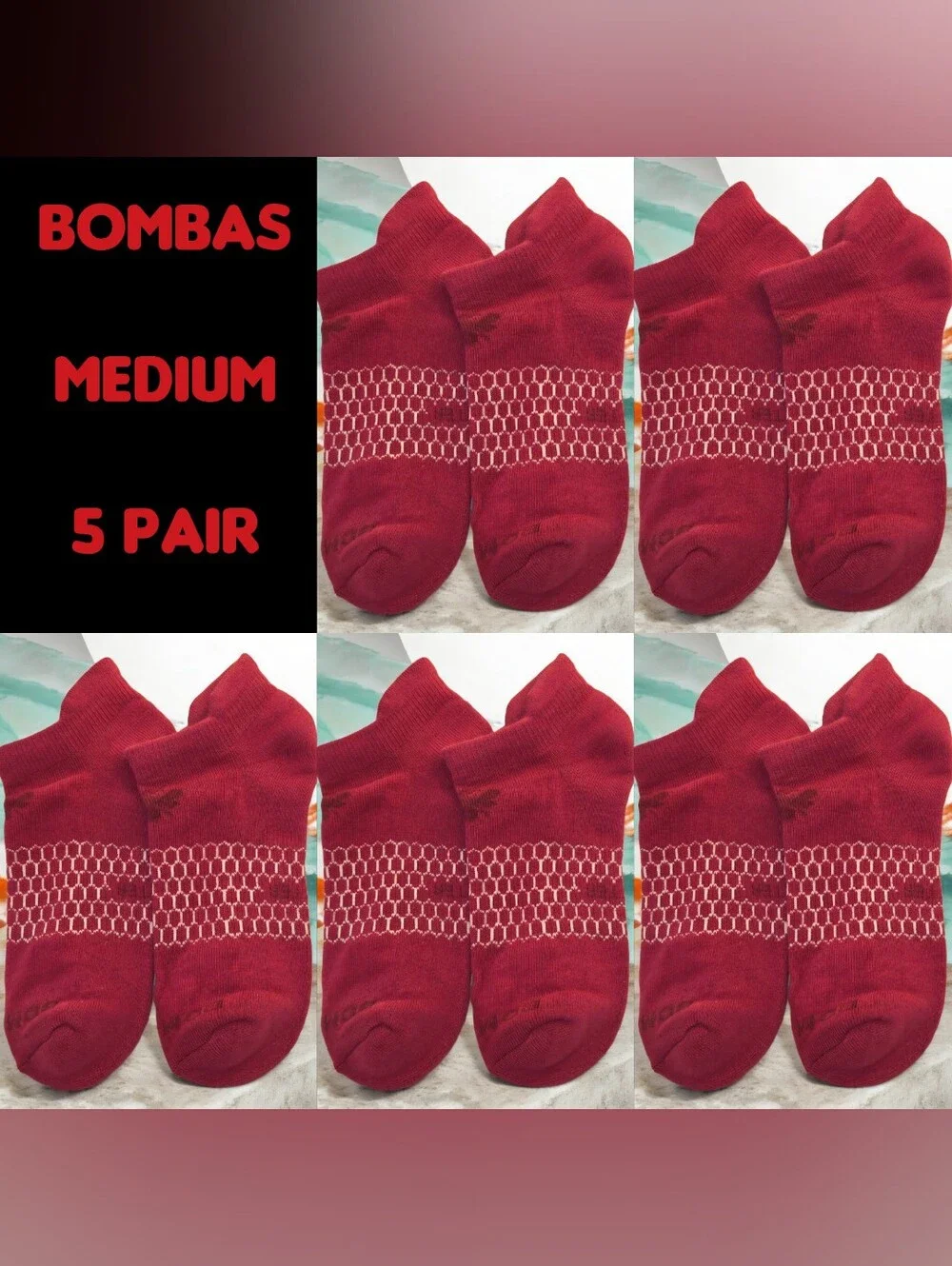 Bombas Medium Ankle Socks Burgundy & White 5 Pair BNWT Unisex Honeycomb